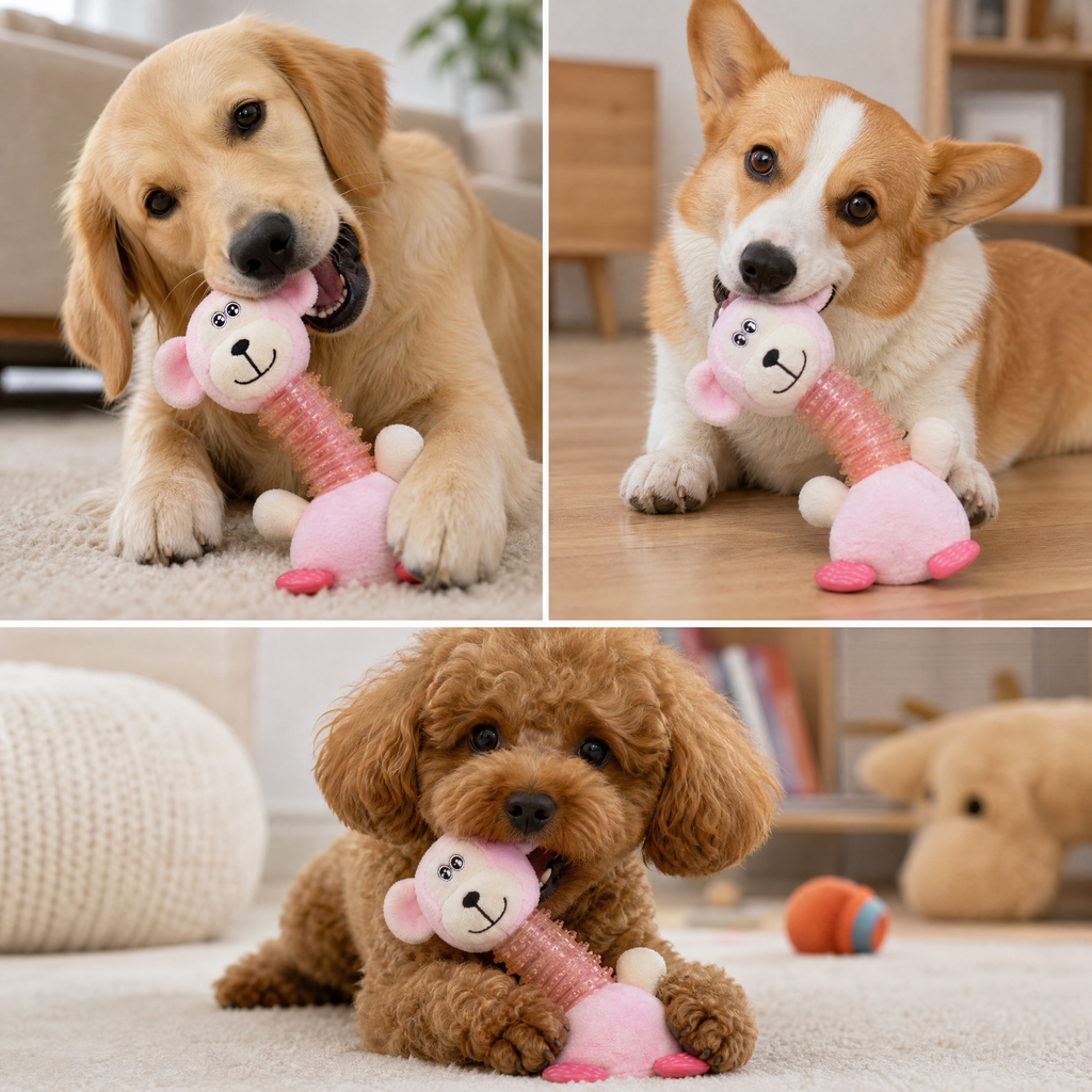 Plush Squeaky Dog Chew Toy with Textured TPR Neck, Pink Monkey Teething Toy for Small & Medium Dogs, 9.45 in