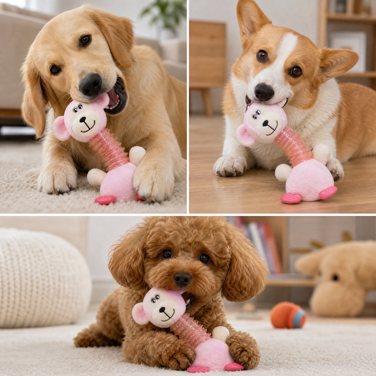 Plush Squeaky Dog Chew Toy with Textured TPR Neck, Pink Monkey Teething Toy for Small & Medium Dogs, 9.45 in