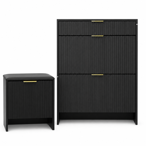 AEELLEEA Fluted Black Shoe Storage Cabinet Set with Padded Shoe Bench, Flip Drawer Narrow Shoe Organizer for Entryway