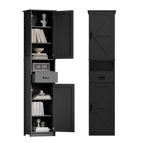 AEELLEEA Tall Narrow Storage Cabinet with Adjustable Shelves, Drawer and 2 Doors, Black