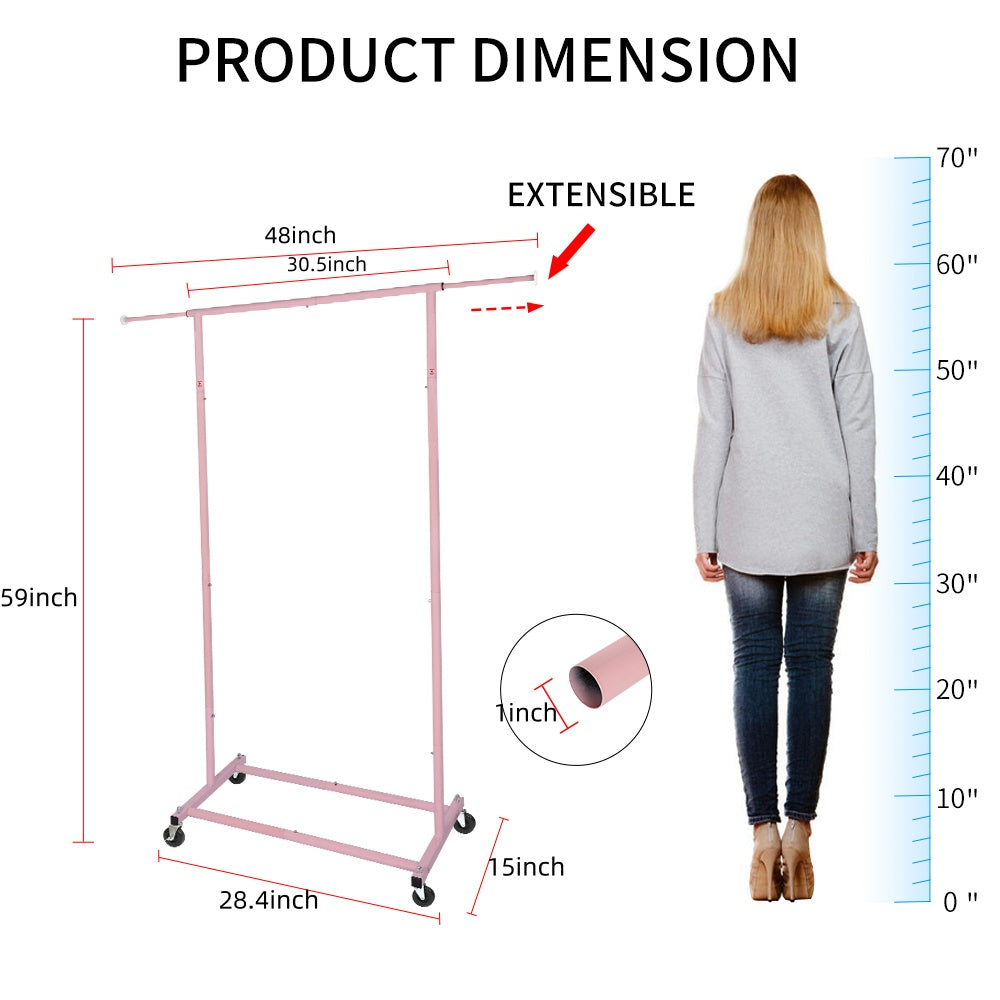 Pink Rolling Garment Rack with Wheels, Adjustable Single Rod Metal Clothes Rack, Heavy-Duty Clothing Organizer Holds Up to 150 lbs for Bedroom, Dorm, Laundry Room, and Balcony