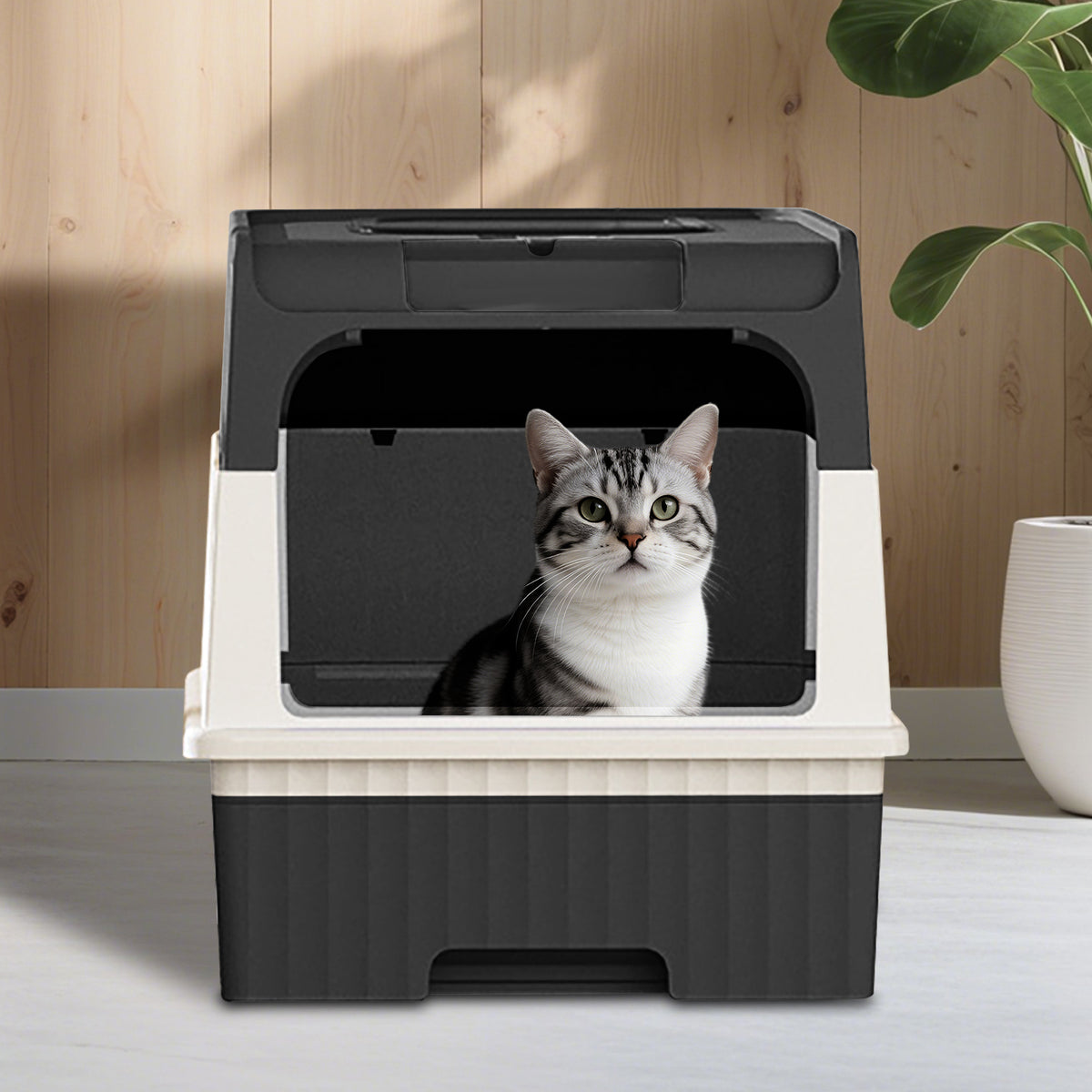 Enclosed Cat Litter Box with Lid, Anti-Tracking Fence, Drawer Tray & Scoop, Odor Control, Large, for Indoor Cats - Black, Gray, Blue, Pink