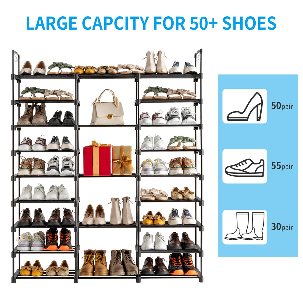 AEELLEEA- 9-Tier Freestanding Shoe Rack Organizer, Large Storage Holds 50-55 Pairs, Adjustable Height Metal Shoe Shelf with Hooks