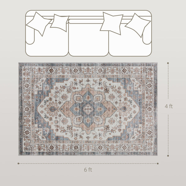 Area Rug 6x4 Ft, Vintage Blue Cream Brown Pattern Carpet for Living Room, Slim 0.3 Inch Design Rug Fits under Door and Furniture