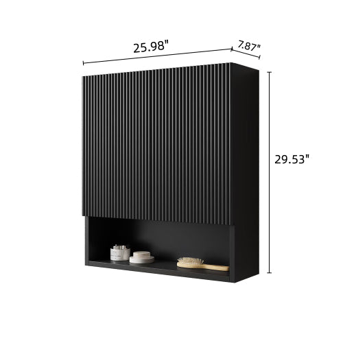 26" Black Fluted Wall Mounted Bathroom Cabinet, Storage with 2 Doors Open Shelf, Modern Wall Cabinet for Bathroom Kitchen Living Room