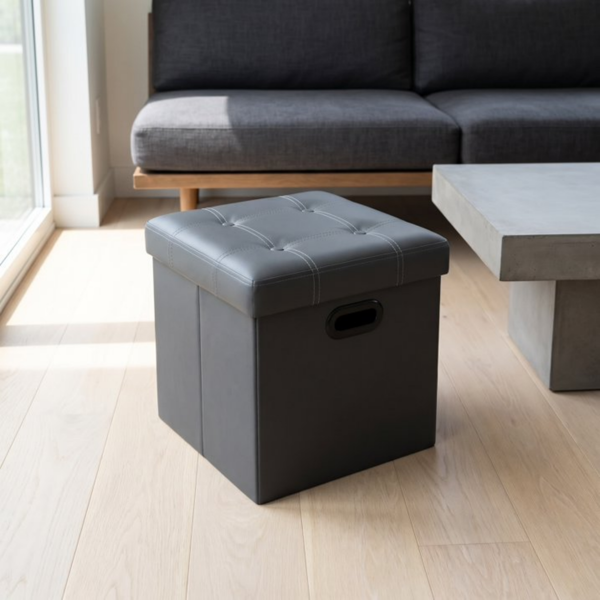 AEELLEEA 15" Folding Storage Ottoman, 11 Gal Faux Leather Footstool with Padded Seat, Gray