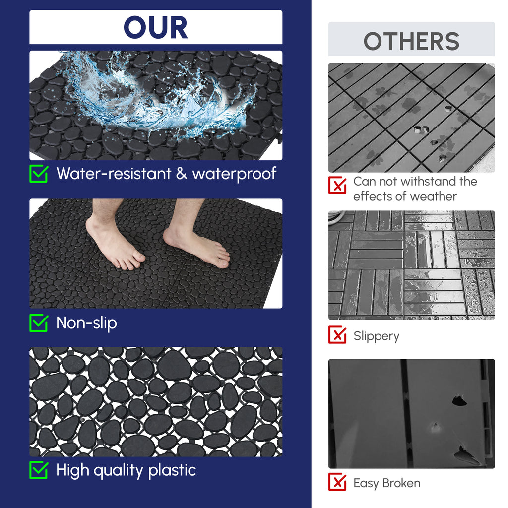 AEELLEEA 12x12 Inch Black Interlocking Deck Tiles, Pebble Pattern Plastic Floor Tiles, Waterproof Non-Slip, Pack of 60 for Bathroom, Patio, Balcony