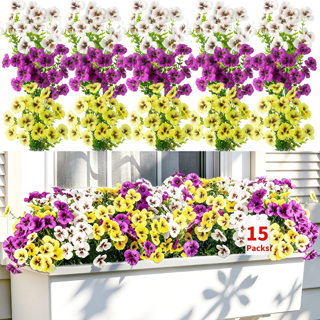 15pcs Artificial Pansy Flowers, 3 Assorted Colors UV Resistant Faux Pansies for Outdoor Patio Porch Decor