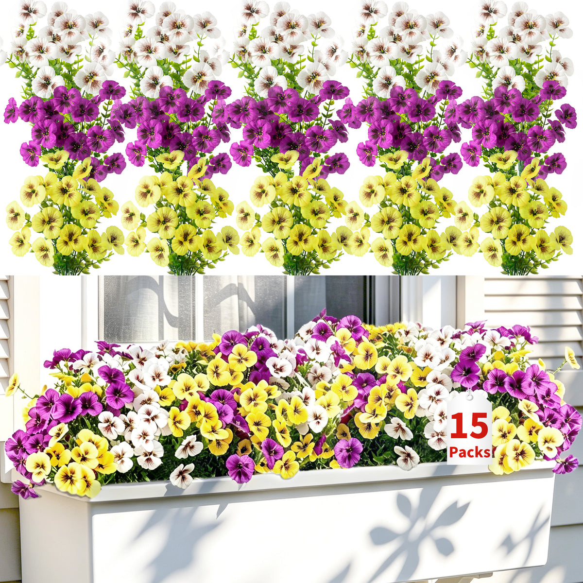 15pcs Artificial Pansy Flowers, 3 Assorted Colors UV Resistant Faux Pansies for Outdoor Patio Porch Decor