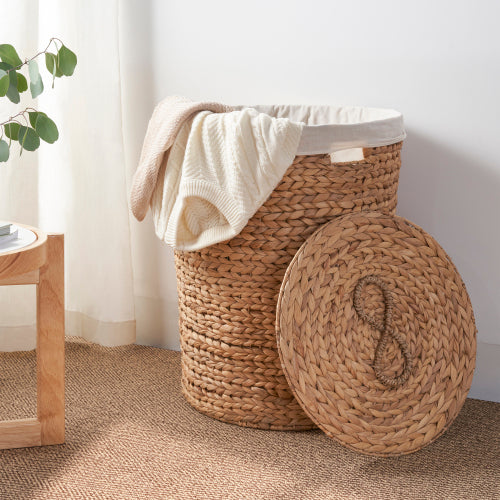 AEELLEEA 18 x 23 Inch Round Water Hyacinth Laundry Hamper with Lid & Removable Liner, Woven Storage Basket for Bedroom