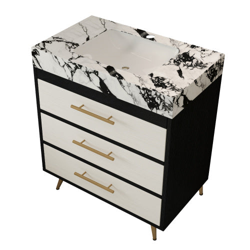 Black White Bathroom Vanity with Sink, Freestanding 3-Drawer Storage Cabinet with Marble Top Gold Legs, Modern Lavatory Console for Bathroom