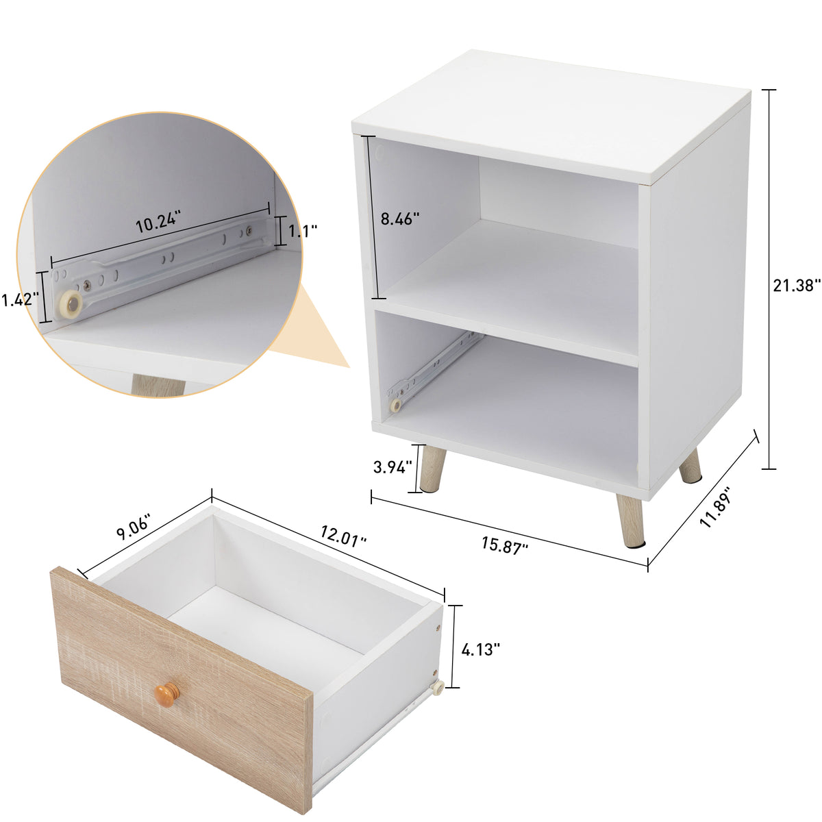 Nightstand Set of 2, White Bedside Table with Drawer & Open Storage Compartment, Solid Pine Wood Legs, End Side Table for Bedroom Living Room