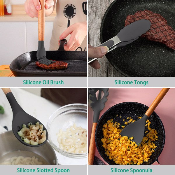 12 Pcs Silicone Kitchen Utensil Set with Bamboo Handles, Gray Cooking Tools with Holder, Heat Resistant Nonstick Spatula Set