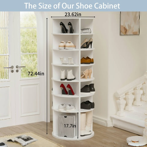 AEELLEEA 7-Tier Rotating Shoe Rack Tower, 360° Freestanding Spinning Shoe Organizer, White PVC Storage Holder for Heels, Boots and Handbags