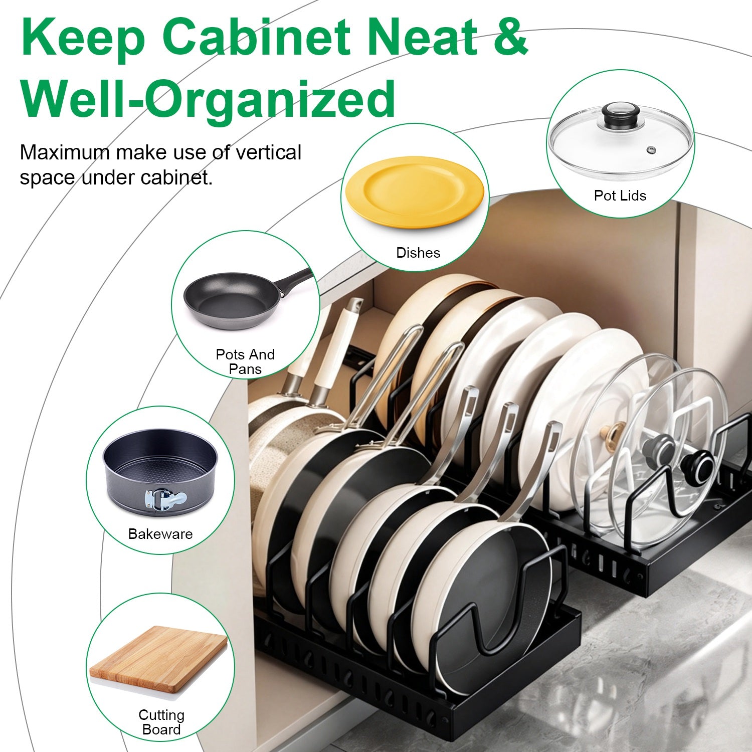 Pull Out Pot Pan Organizer for Cabinet, 8 Adjustable Dividers, Drill-Free Slide Cookware Rack for Pots Lids Dishes, Premium Carbon Steel