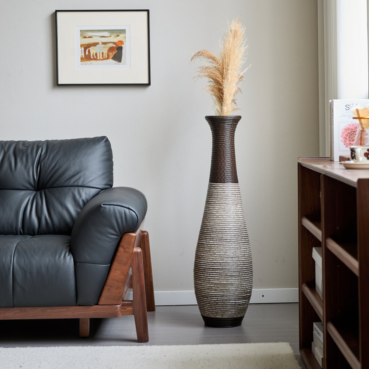 AEELLEEA Tall Two-Tone Woven Floor Dry Vase, 40.2"H x 11.6" D, Textured Decor Vase for Pampas Grass, Entryway Living Room Boho Home Decor