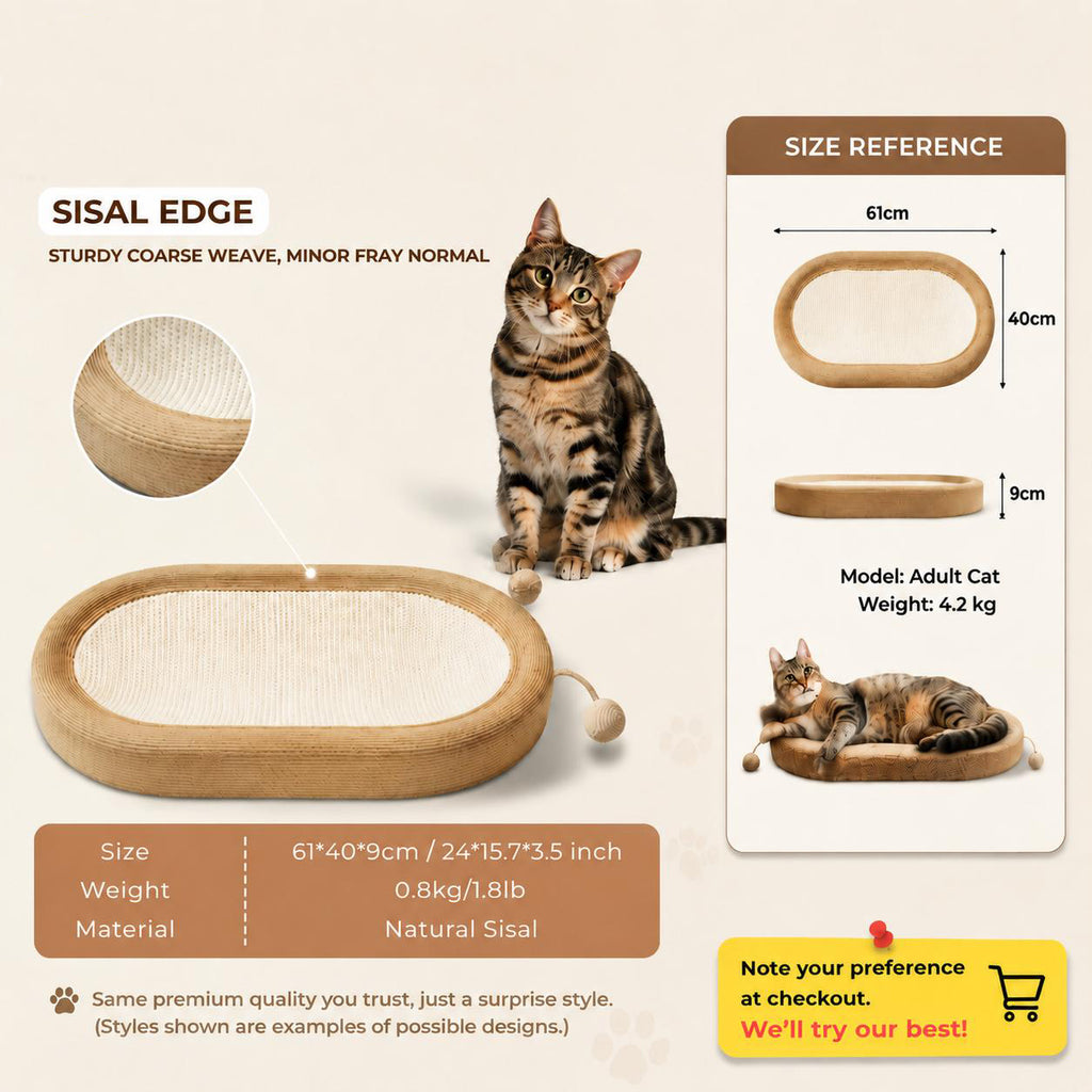 Oval Sisal Cat Scratcher Bed Lounge, 24x15x3.5 Inch Anti-Slip Multi-Purpose Pet Rest Furniture for Indoor Cats