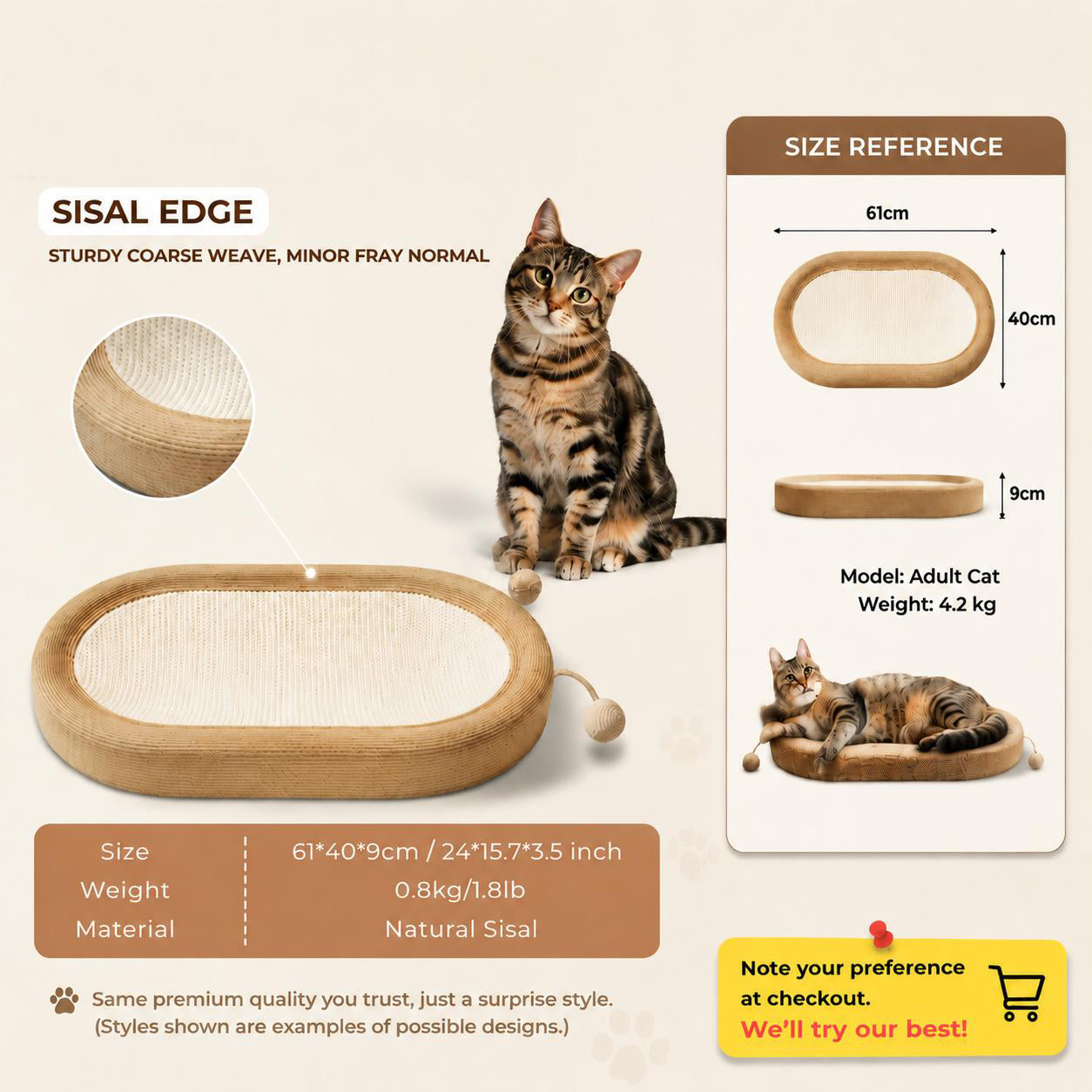 Oval Sisal Cat Scratcher Bed Lounge, 24x15x3.5 Inch Anti-Slip Multi-Purpose Pet Rest Furniture for Indoor Cats