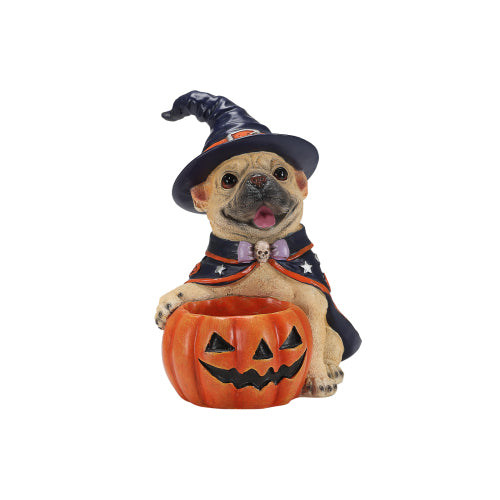 AEELLEEA Halloween French Bulldog Witch Puppy Figurine, Dog Statue with Pumpkin Candy Bowl, Tabletop Holiday Storage Decor