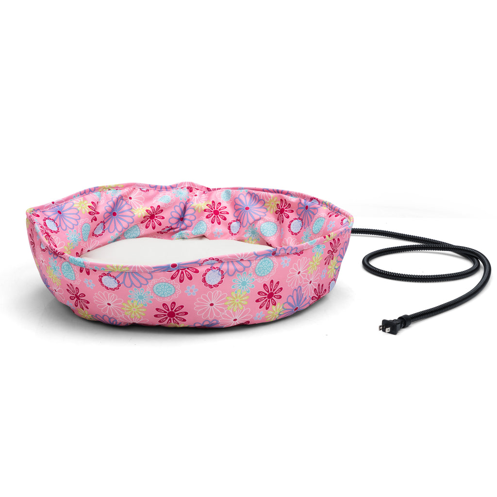 Floral Pink Heated Cat Bed & Warming Pad Set, Plush Electric Pet Heating Mat with Removable Zippered Cover for Indoor Cats & Small Dogs