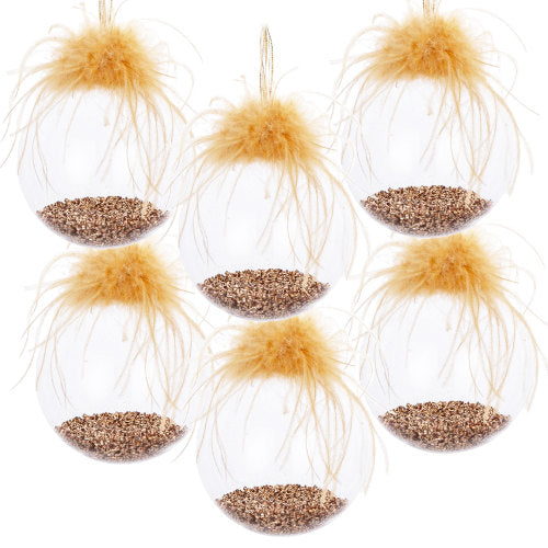 6 PCS Clear Christmas Ball Ornaments, Transparent Glass Xmas Baubles with Gold Glitter and Champagne Feather Tassel, Hanging Decorations for Christmas Tree Wreath Party