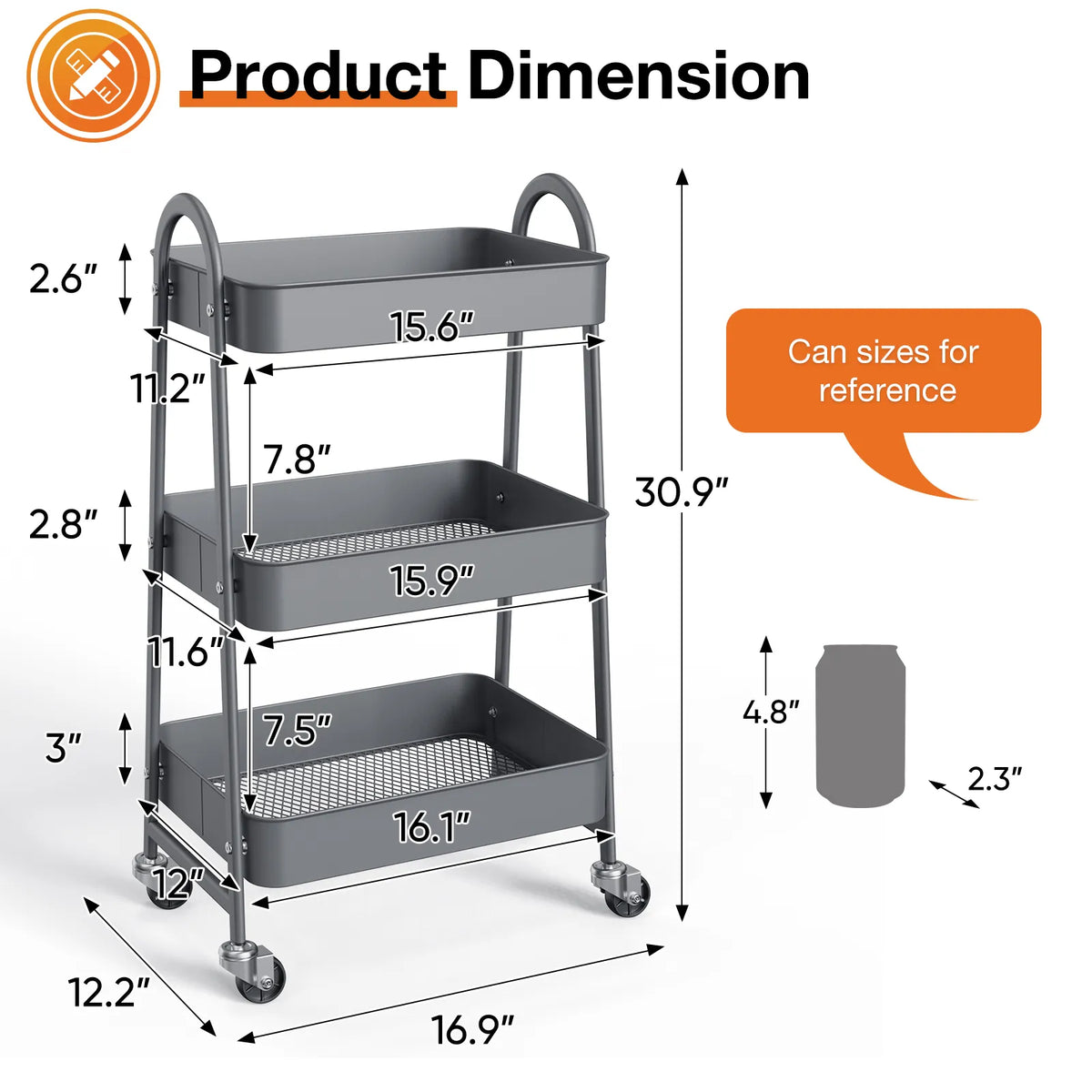 AEELLEEA 3-Tier Rolling Utility Cart,  Metal Storage Trolley with Wheels, Multi-Purpose Organizer for Kitchen Bathroom