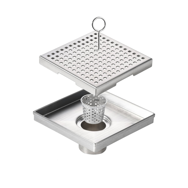 6 Inch Square Grid Shower Floor Drain, Rust‑Resistant Easy‑Removal Drain Cover for Bathroom Kitchen Balcony