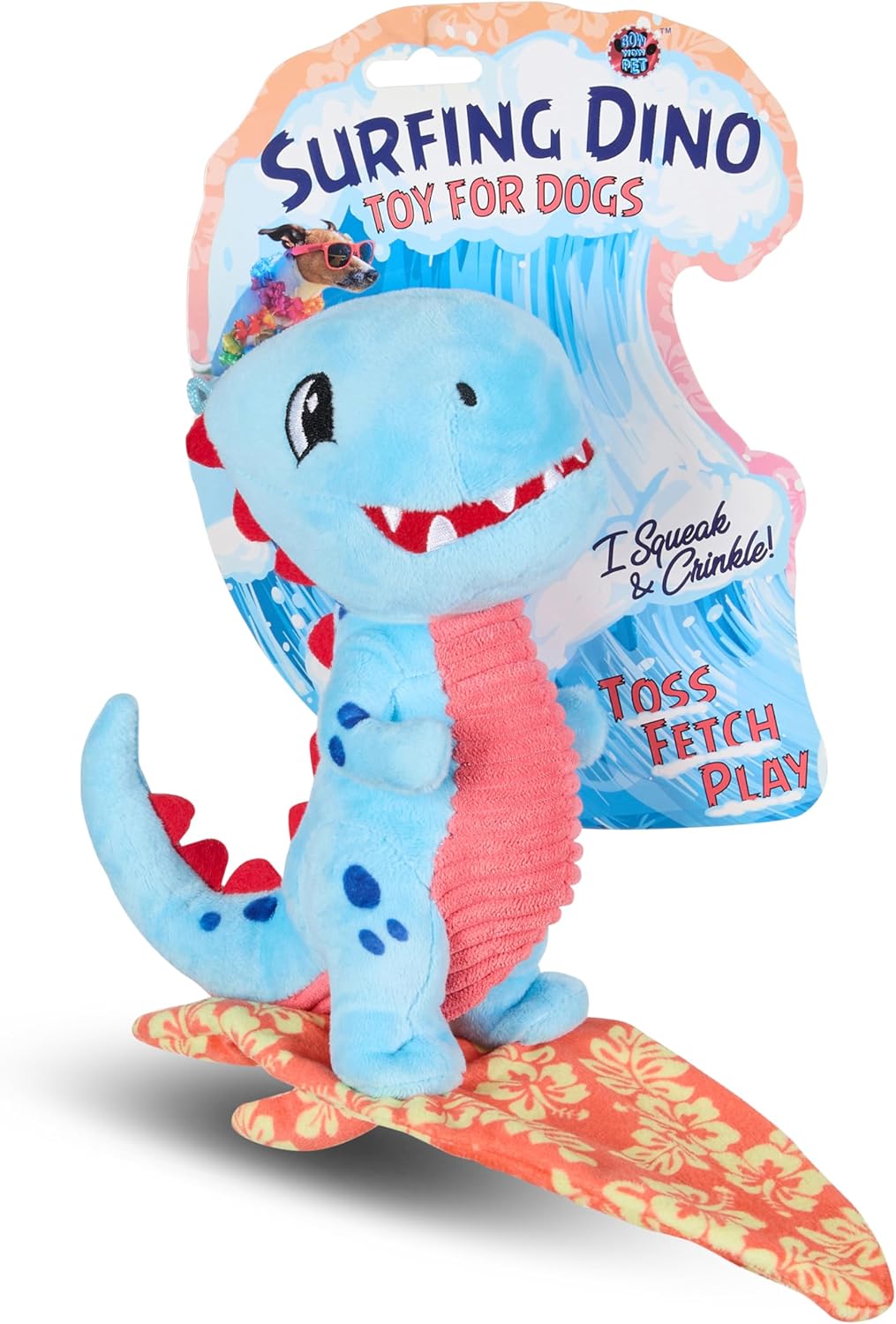 Bow Wow Fantasy Creature Plush Dog Toy – Squeaky & Crinkle Dino or Dragon – Toss, Fetch & Play – Soft & Durable – Colors May Vary