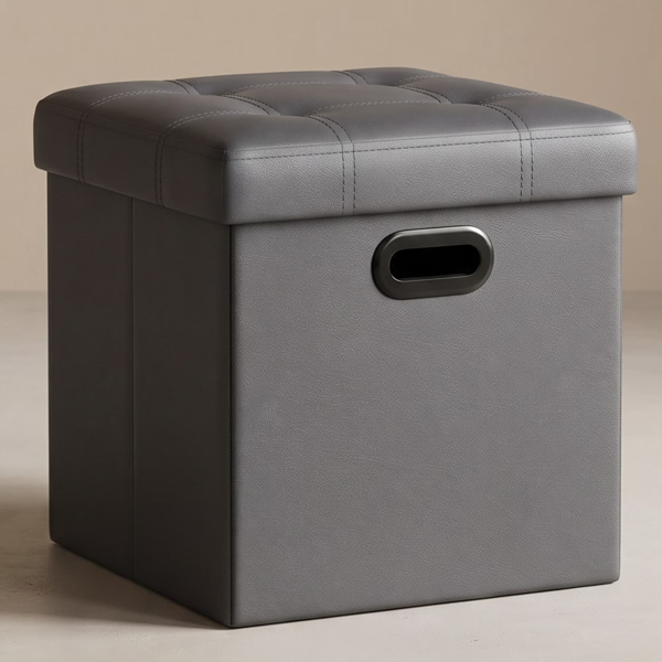 AEELLEEA 15" Folding Storage Ottoman, 11 Gal Faux Leather Footstool with Padded Seat, Gray