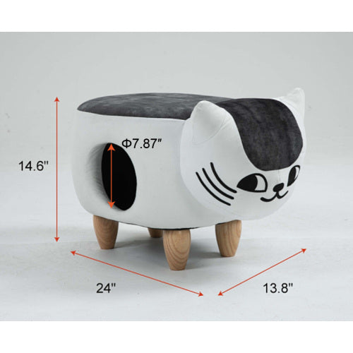 AEELLEEA Cat Shaped Ottoman with Cat Cave, Multi-Functional Foot Stool with Solid Wood Legs, Pet House & Seat for Living Room