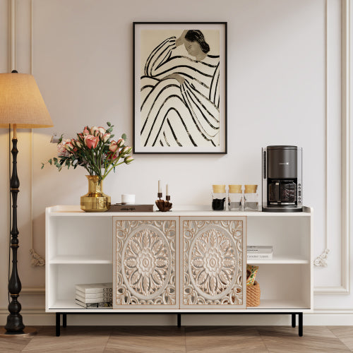 AEELLEEA 58.6" White Sideboard Buffet Cabinet with 2 Carved Doors, 4 Open Shelves, Farmhouse Storage Cabinet for Living Room