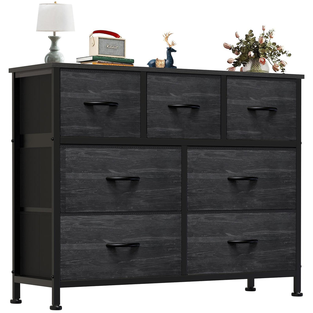 Aeelleea Black Wood Grain Tall Dresser Fabric Storage Tower with Wooden Top
