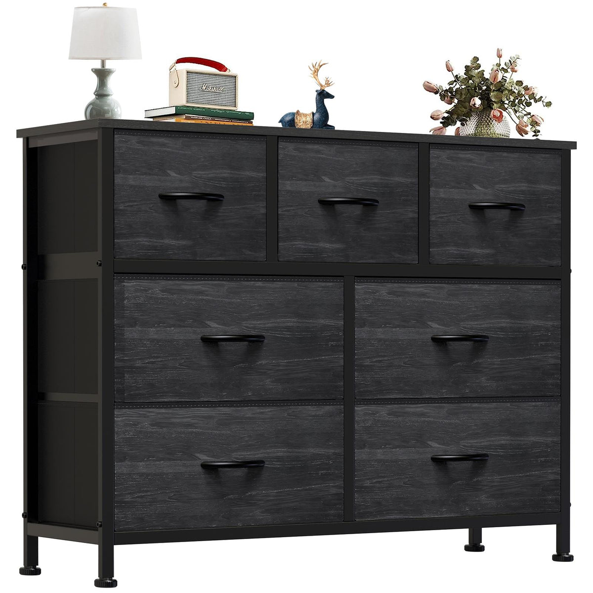 Aeelleea Black Wood Grain Tall Dresser Fabric Storage Tower with Wooden Top
