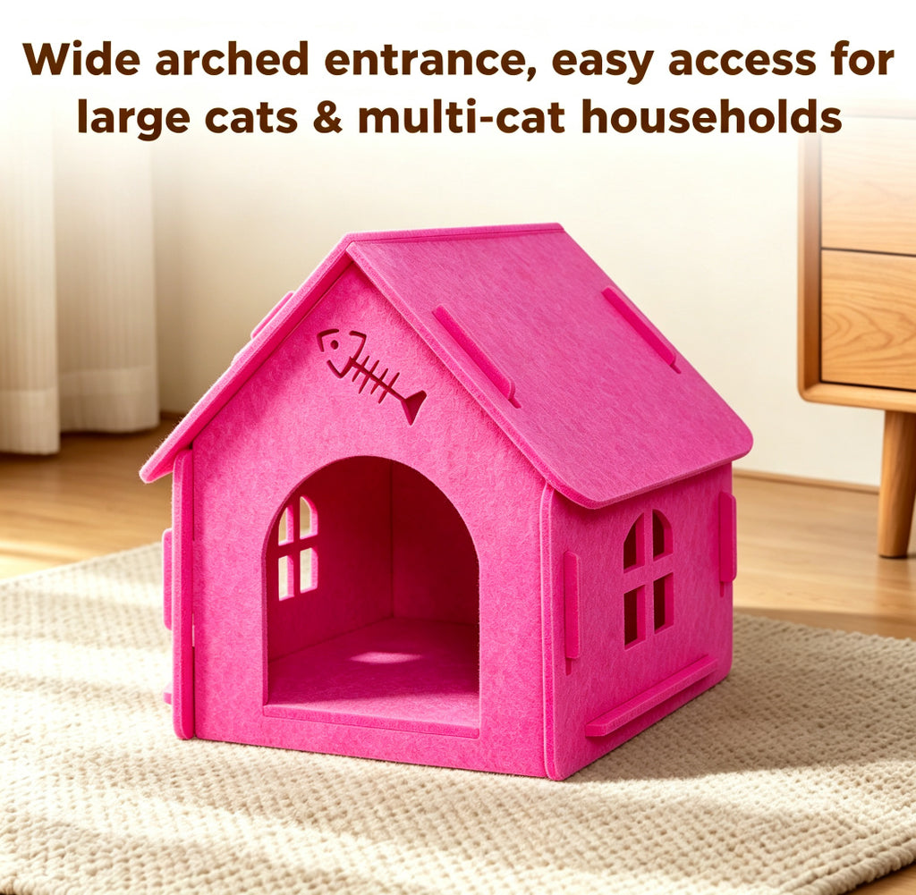 Pink Cat House Bed, Felt Cat Cave Hideaway with Wide Arched Entrance, Cozy Cat Shelter for Indoor Cats Large Cats Multi-Cat Homes, Easy Assembly