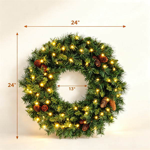 AEELLEEA 24" Pre-Lit Christmas Wreath with 50 Warm White LED Lights, Pine Cones, Timer, Indoor Outdoor Holiday Decor