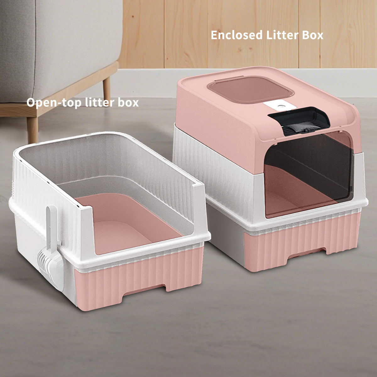 Enclosed Cat Litter Box with Drawer & Scoop, Covered Kitty Litter Box with Viewing Window & Deodorizer, Easy to Clean, for Medium Cats, Pink