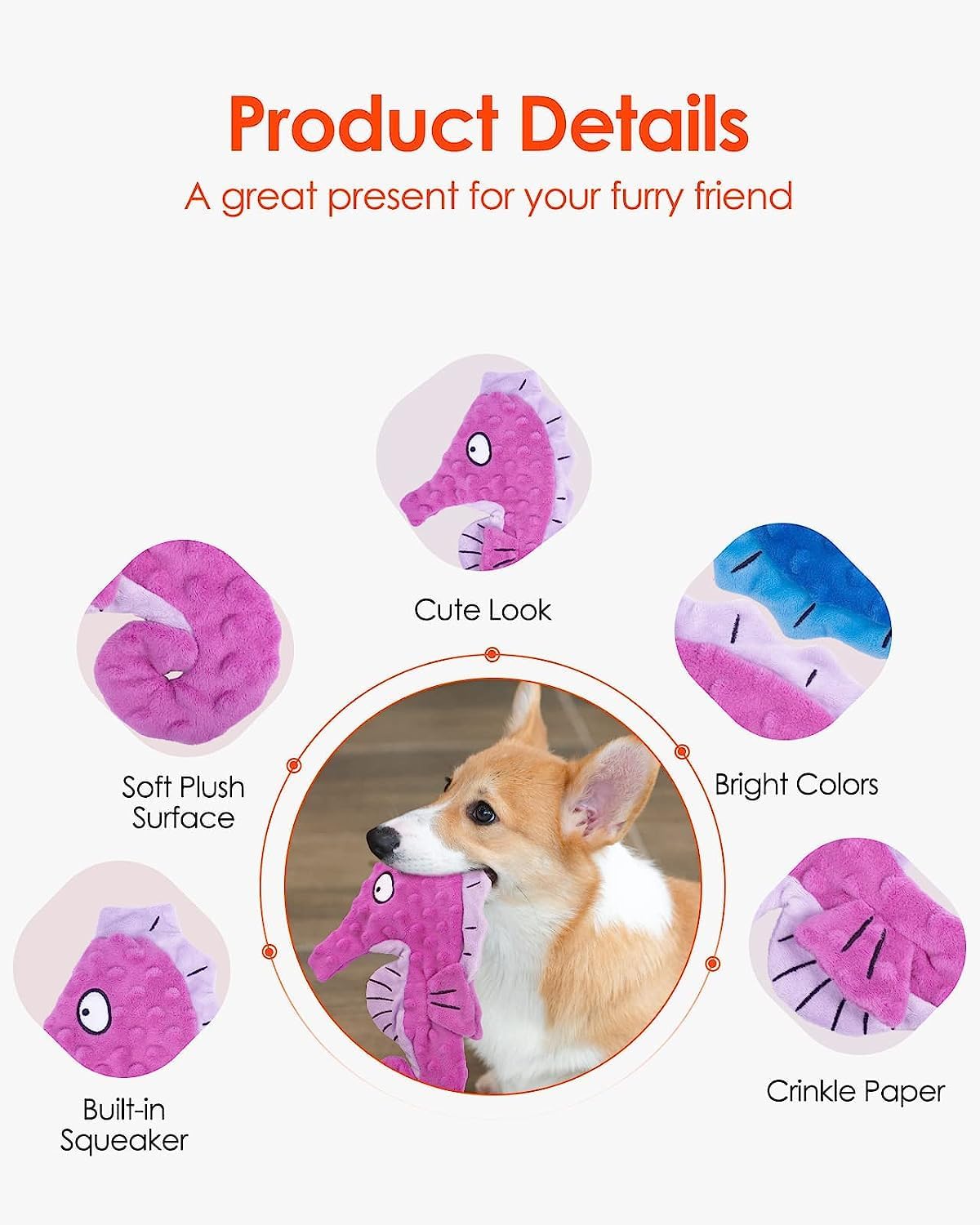Artinova Dog Toys Squeaky Crinkle Purple Seahore, 1 Pack. No Stuffing Dog Toys for Puppy Teething Chewing, Durable Interactive Toys for Medium and Large Dogs