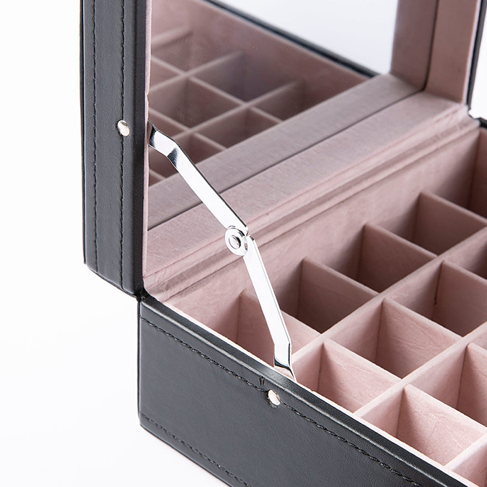 AEELLEEA-50 Slot Black Jewelry Organizer Box with Large Mirror, Earring Storage Case for Necklaces, Earrings & Bracelets