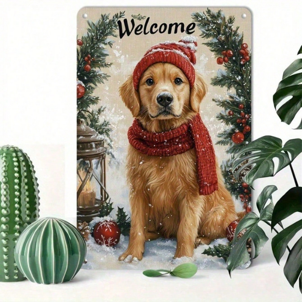 AEELLEEA-Retro Christmas Golden Retriever Welcome Metal Tin Sign, 11.81x7.87 Inch Vintage Wall Plaque, Winter Holiday Aluminum Poster