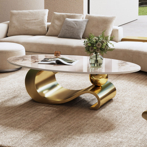Modern Oval Coffee Table, Pink Beige Faux Marble Top with Gold S-Shape Metal Base, Luxury Living Room Tea Table