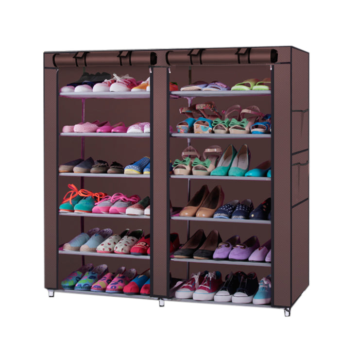 AEELLEEA-6-Tier 12 Grid Shoe Rack, Coffee Non-woven Fabric Shoe Storage Organizer, Alloy Frame Shoe Shelf