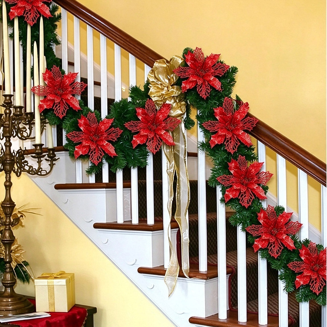 16-Piece 5.9 in Red Glitter Poinsettia Flowers, Clip-On Artificial Christmas Tree Ornaments, Floral Decor for Garland and Home