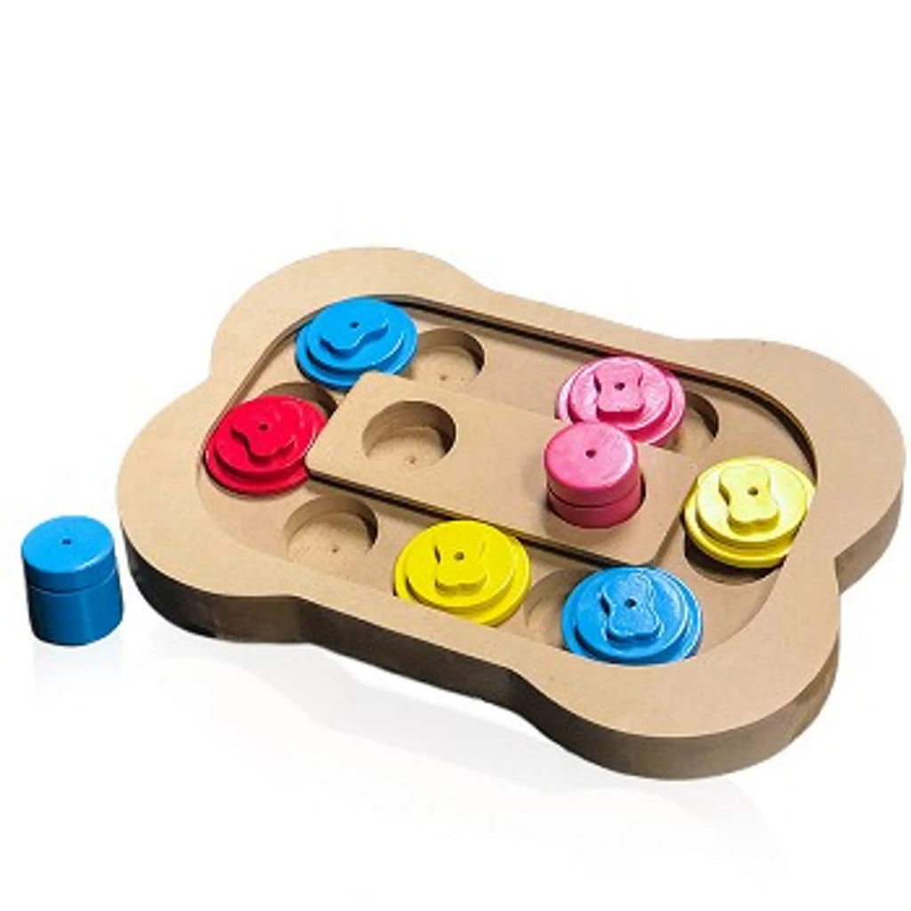 Wooden Bone-Shaped Interactive Dog Puzzle Toy with 8 Treat Chambers