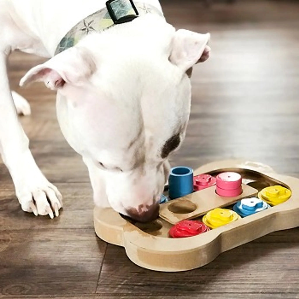 Wooden Bone-Shaped Interactive Dog Puzzle Toy with 8 Treat Chambers