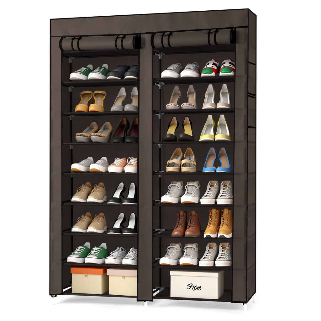 AEELLEEA- 10-Tier Double Row Shoe Rack, Gray Fabric Shoe Storage Organizer with Iron Frame, Freestanding Entryway Shoe Cabinet