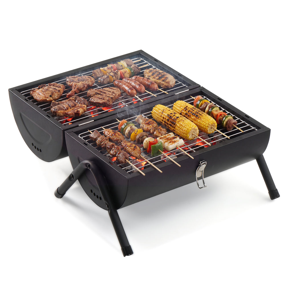 AEELLEEA-Portable Charcoal Grill, Tabletop BBQ Stove with Dual-side Grilling, Compact Barbecue Grill for Camping & Backyard Party, Black