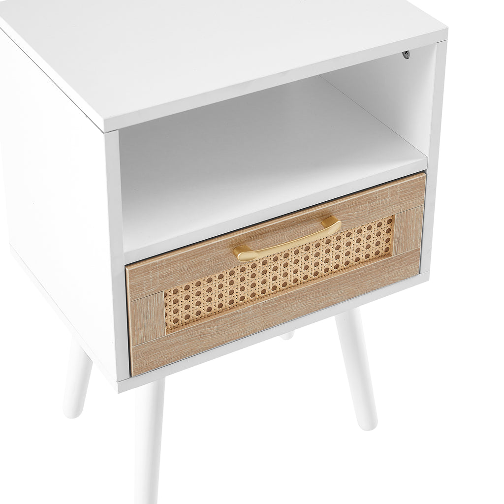 AEELLEEA- Rattan Side Table, Rectangle White End Table with Solid Wood Legs, MDF Frame, 120lbs Load Capacity