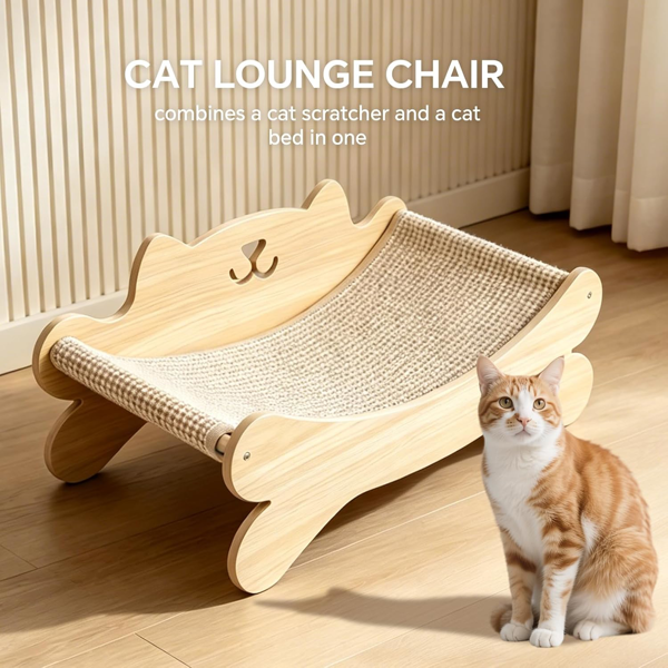 Cat Scratcher Bed for Indoor Cats Kitten Bed Cat Hammock with Solid Wood Frame Wear Resistant Sisal Backrest Design Cats Scratcher Lounge, Wooden Cat Furniture