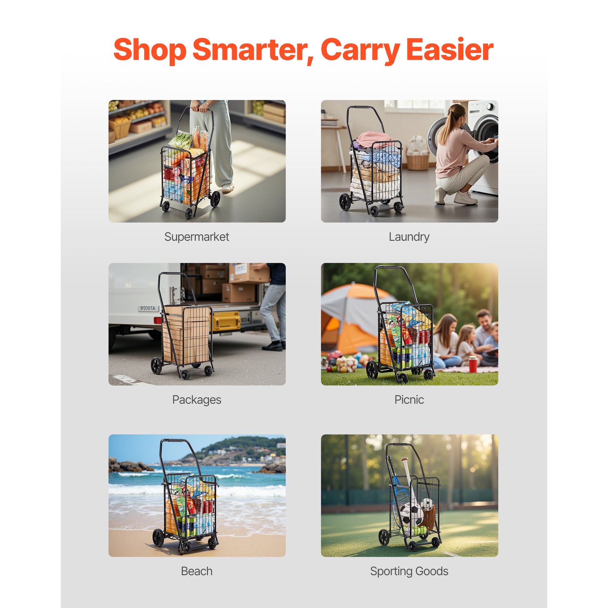 Shopping Cart, Folding Grocery Utility Cart with Swivel Wheels, 90 LBS Large Load Capacity, Heavy Duty Rolling Laundry Basket Butler for Laundry, Shopping, Camping, Grocery, Luggage, Black