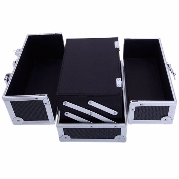 Portable Diamond Texture Aluminum Makeup Storage Bag with Mirror & Key Black